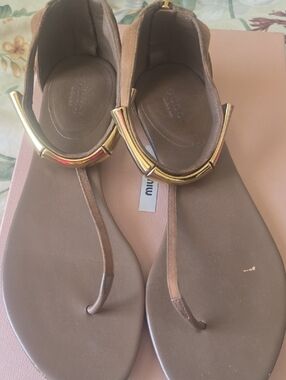 Miu Miu Brown Suede T-Strap Sandals with Gold Hardware